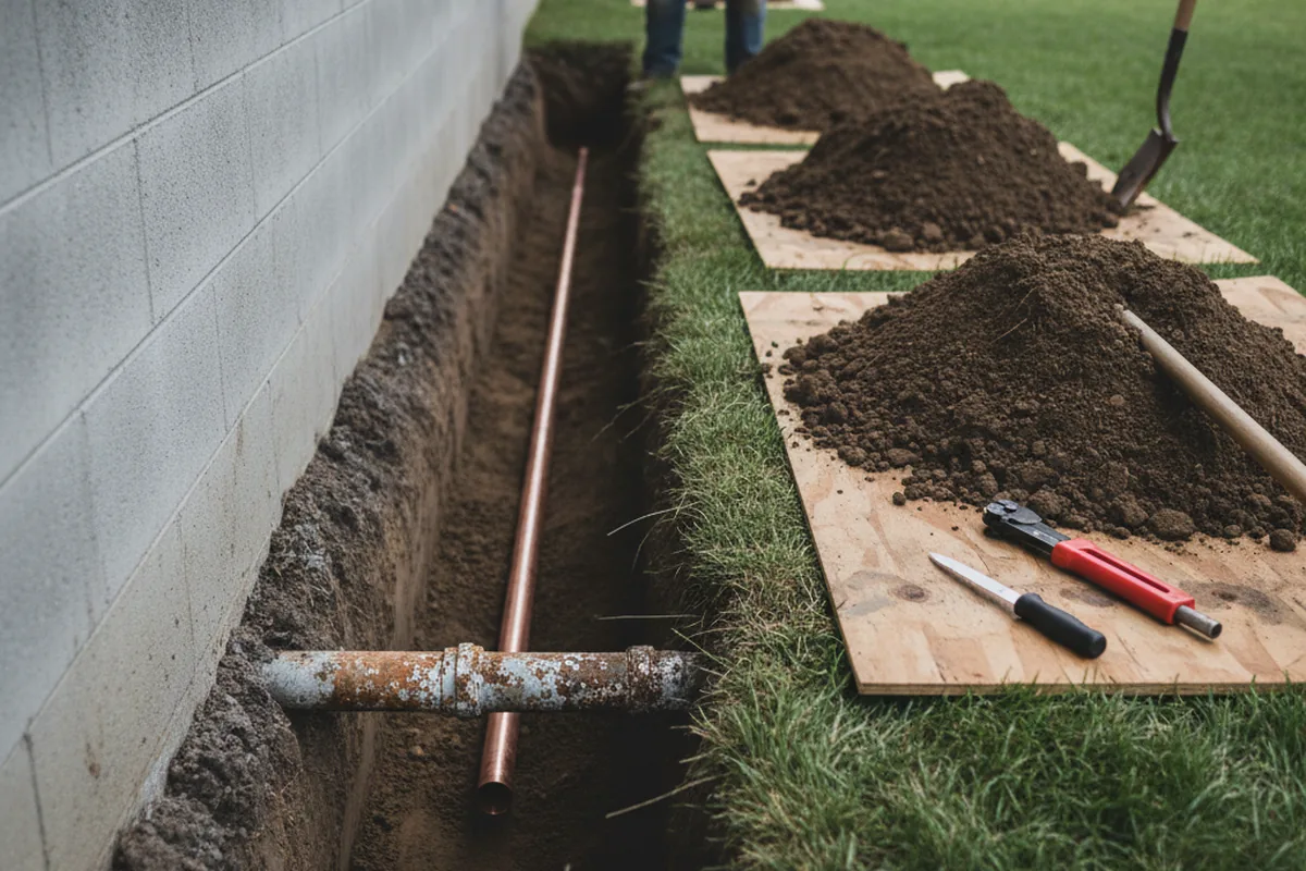 Excavated water line trench during Water Softener Installation in Arcanum